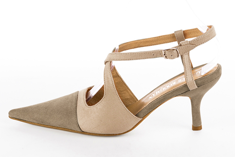 Tan beige women's open back shoes, with crossed straps. Pointed toe. High slim heel. Profile view - Florence KOOIJMAN